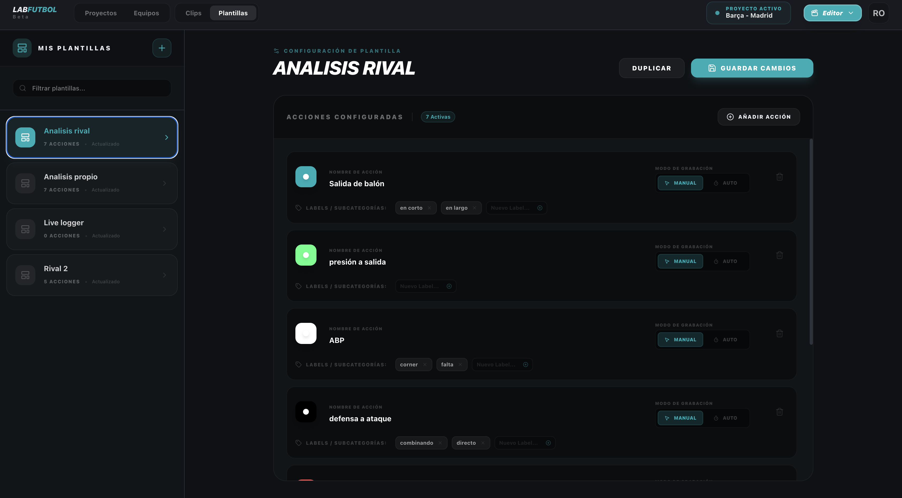 Editor — Clips y categorías